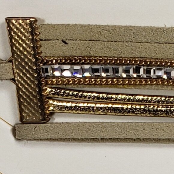 Faux Leather Cord, Gold tone & Crystal Tie Chocker Necklace - Women Jewekry - Picture 3 of 5